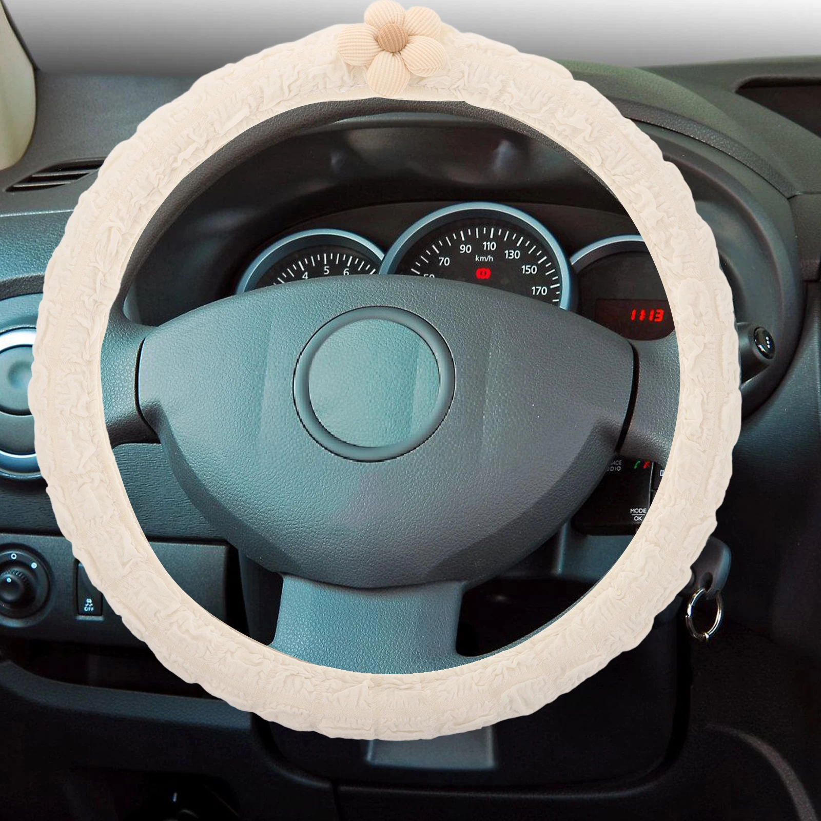 

Steering Wheel Cover Car Aesthetic Boho Cloth Stretch Fashion Flowers Universal Non Slip Grip Breathable Material Brown Small