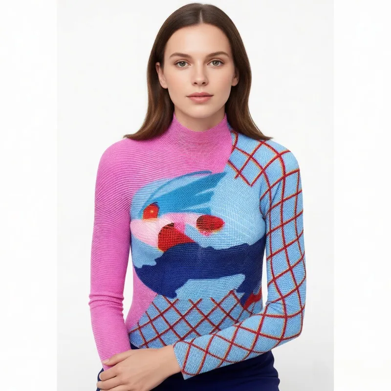 

Miyake Women T-shirt 2026 New Printed Pleated Long-sleeved Blouse Korean Gentle Thin Tight Stretch Thin Section Bottoming Shirt