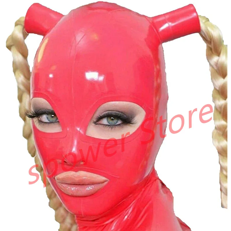 Natural Latex Full Head Latex Hoods Rubber Mask Fetish Cosplay Mask Red with White Trim Back Zipper Club Wear