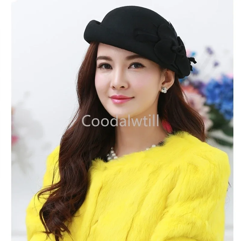 Women 100% Wool Felt Fedoras Winter Vintage Cloche Hat With Flower Up Turn Brim Bowler Pillbox Cap Party  Ladies Beret Caps