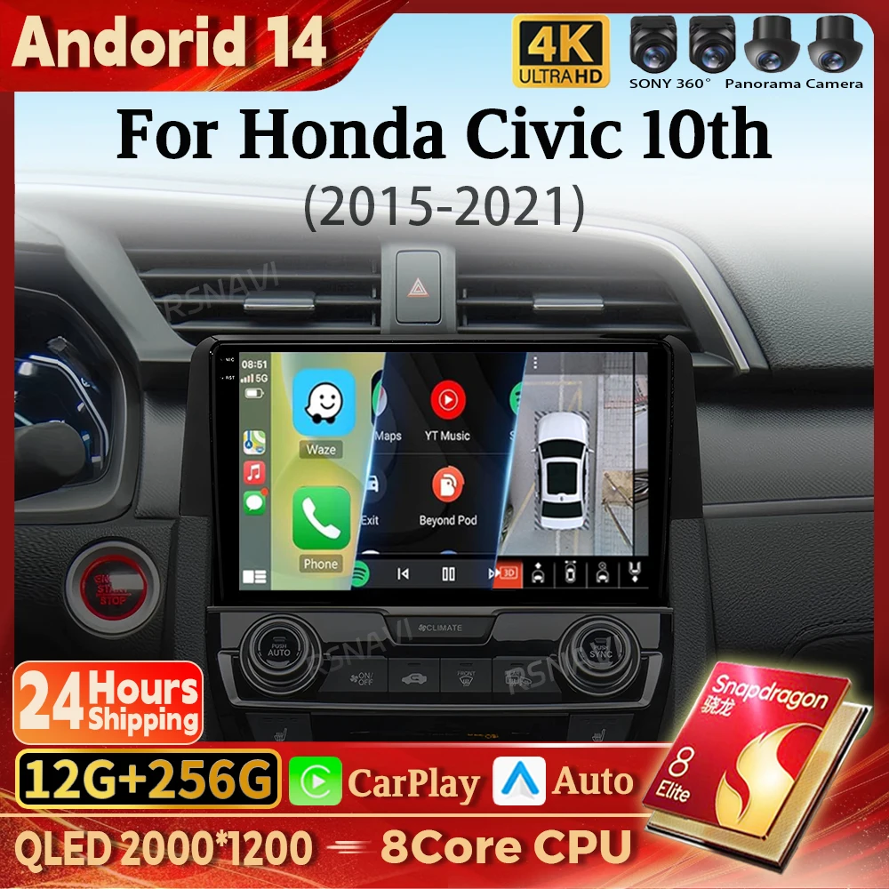 

Android 14 Carplay Auto Car Radio Multimedia Player For Honda Civic 10 FC FK 2015-2020 Audio Autoradio GPS Stereo 2din Head Unit