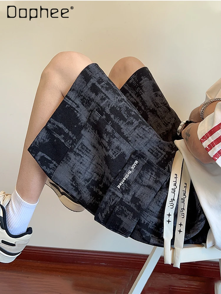

2025 Summer New Men's Tie-Dye White Cargo Shorts Loose Straight Casual Sports Black Elastic Five-Point Shorts