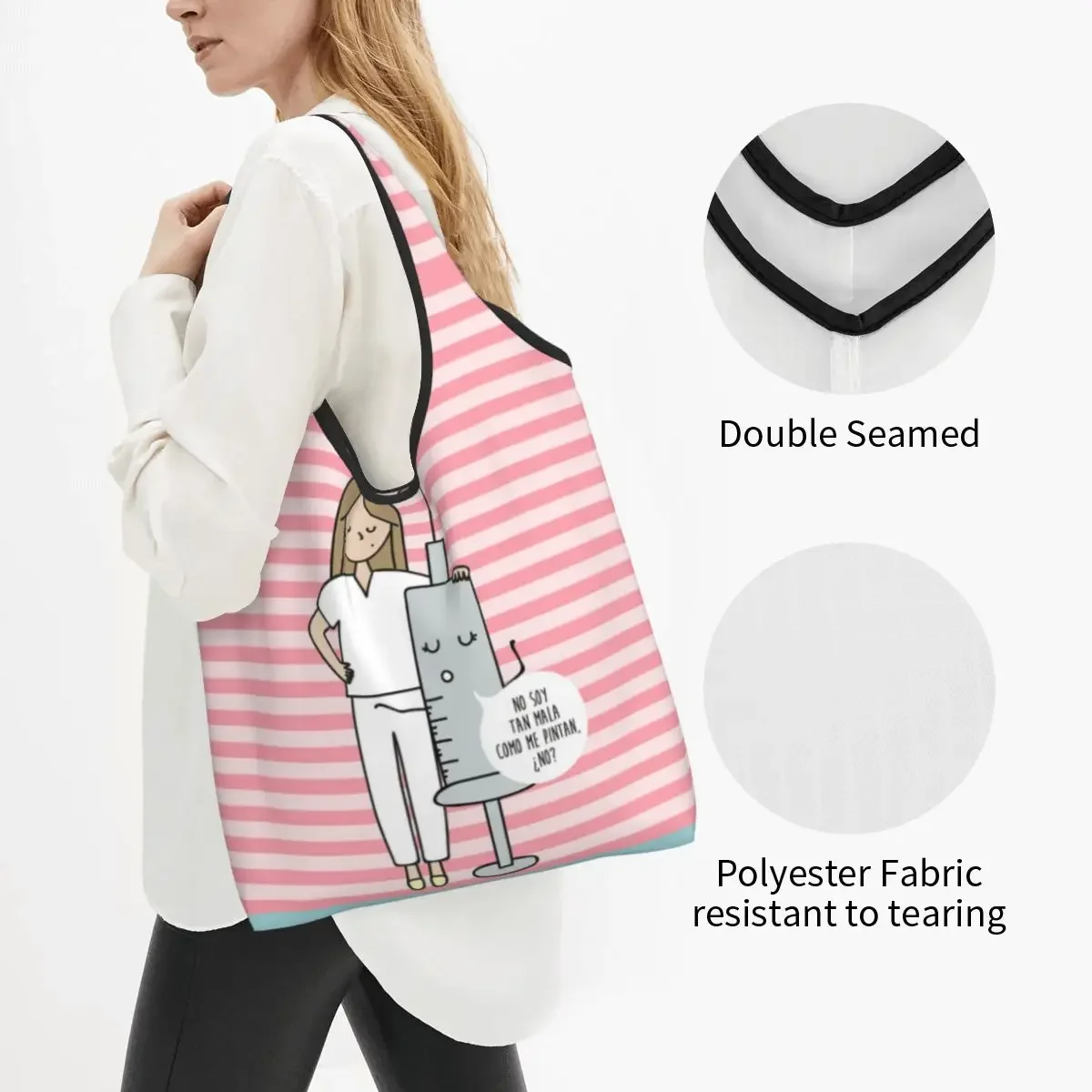 Sacola de compras impressa dos desenhos animados para senhoras, enfermeira e médico, Mantimentos portáteis Shoulder Shopper Bag, moda personalizada