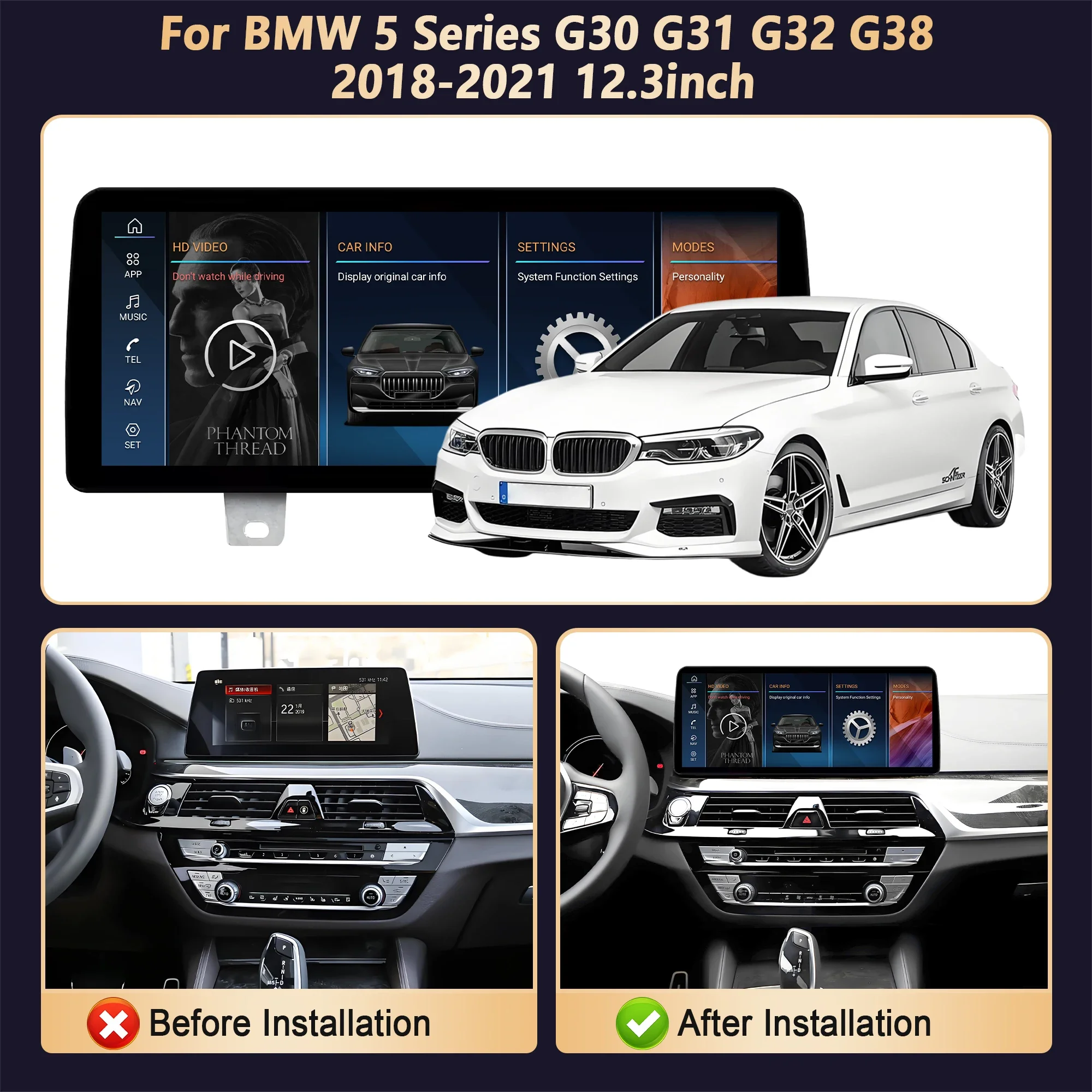 12.3 inch Android 14  For BMW 5 Series G30 G31 G32 G38 2018-2021 BT Car Radio Multimedia Carplay Snapdragon 680 Touch Screen