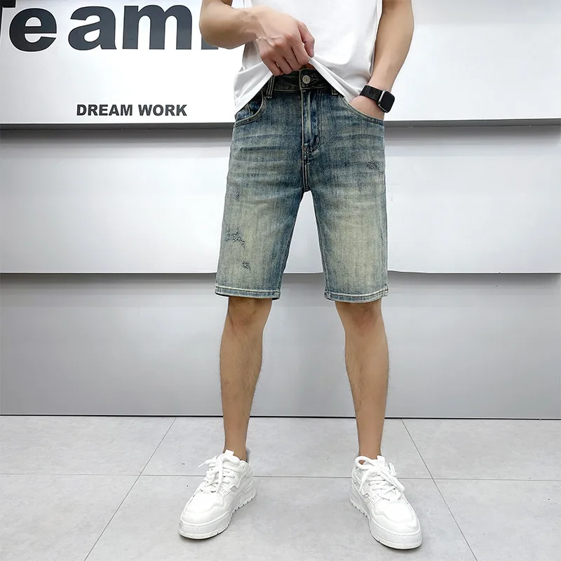 Pantalones cortos de mezclilla para hombre, shorts de lujo de alta gama, ajustados y elásticos, informales, a la moda, novedad de verano 2024