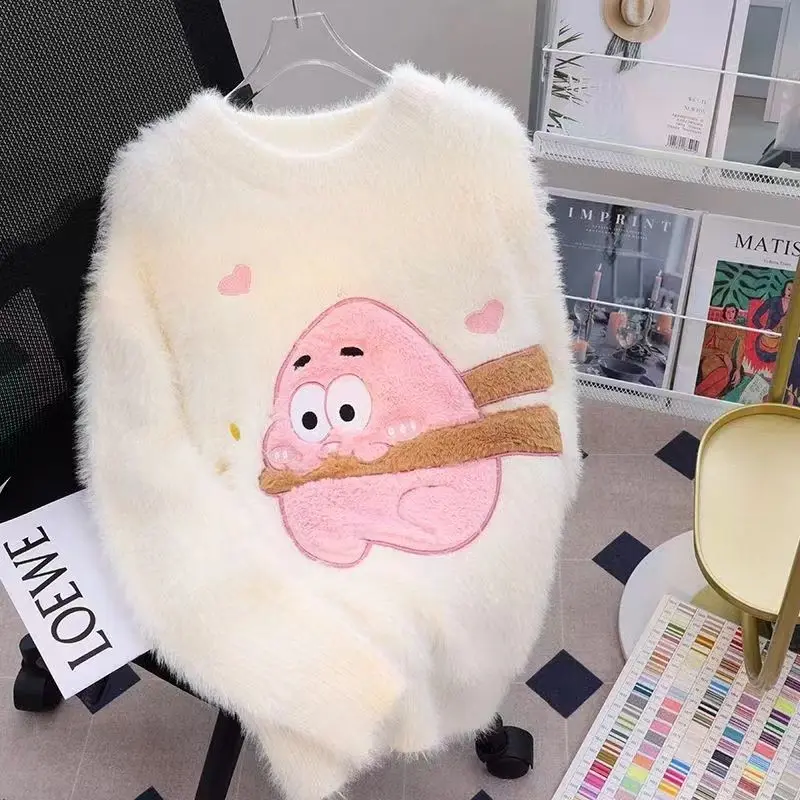 

Versatile Cartoon Sweater Pullover Fluff 2025 Autumn Winter New Korean Lazy Style Mink Cute Student Knitted Chic Top
