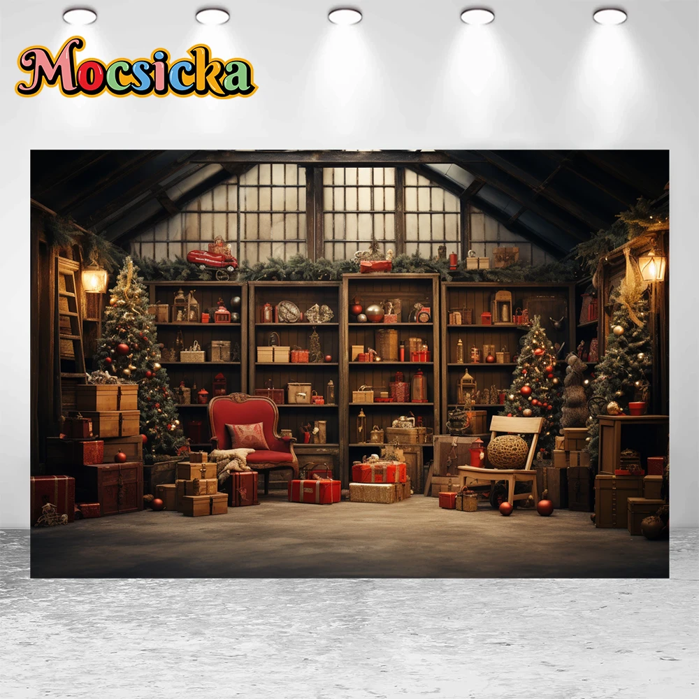 Mocsicka 겨울 크리스마스 사진 배경 크리스마스 트리 선물 스탠드 테마 휴일 파티 홈 사진 배경 스튜디오 소품