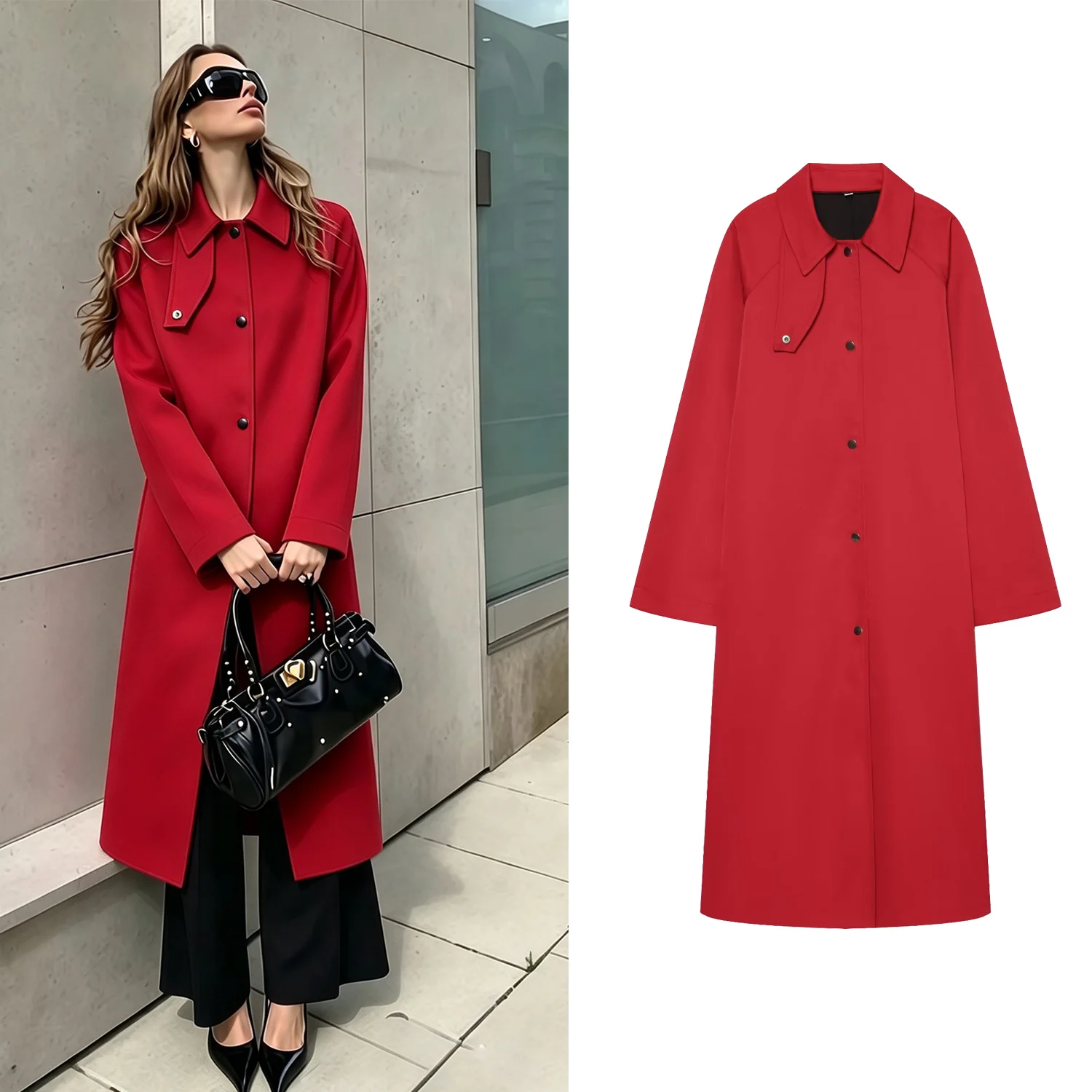 Women Lapel Long Trench Coat Single Breasted Solid Loose Fit Raglan Sleeve Maxi Length Windbreaker Casual Outdoor Outerwear