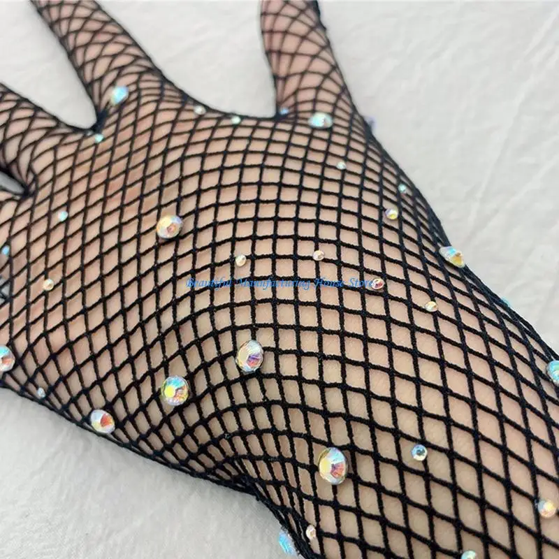 E56A Mesh Long Gloves With Rhinestones Long Gloves Women Rhinestones Long Gloves Performance Gloves Dance Gloves