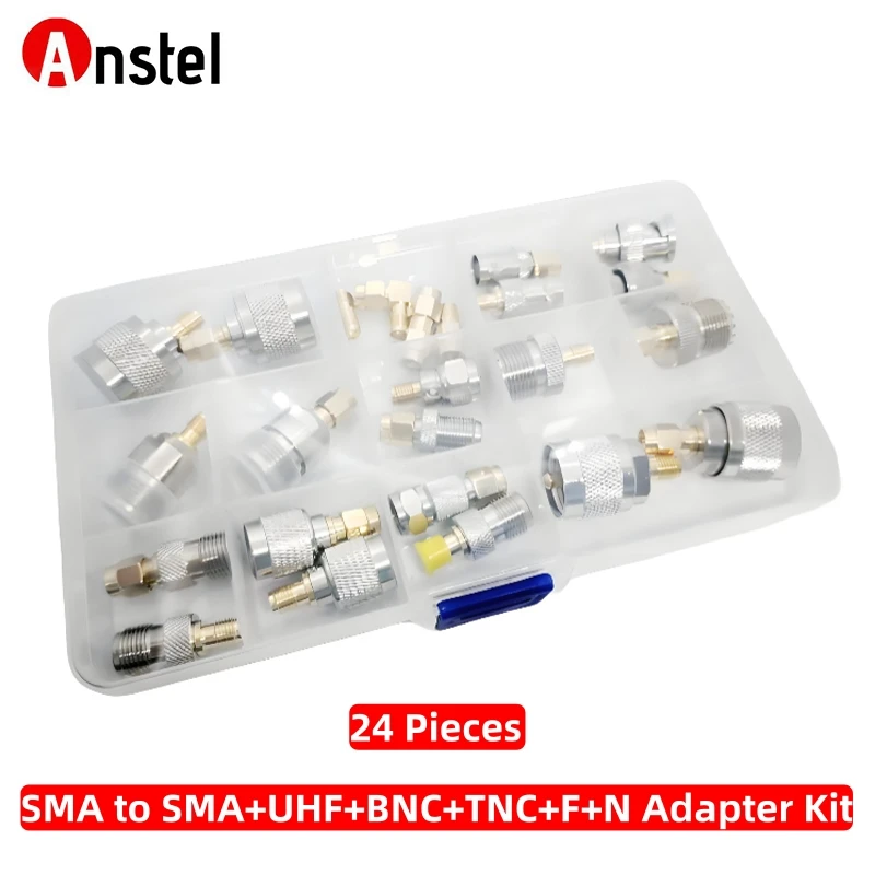 24PCS Box SMA Adapter Kit SMA to SMA UHF N Type TNC BNC F Type Male Female RF Coaxial Connector Combo for Radio Antenna Cable