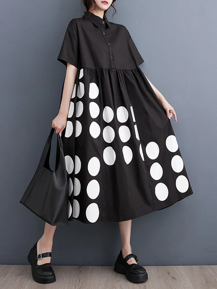 Black Vintage Polka Dot Shirt Dresses For Women Summer New In Short Sleeve Loose Casual Long Dress Fashion Elegant Clothes 2024