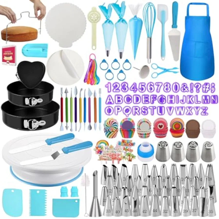 

Makmeng 722pcs Cake Decorating Kit - Baking Supplies with Springform Pans Cake Rotating Turntable Icing Piping Bags and frostin