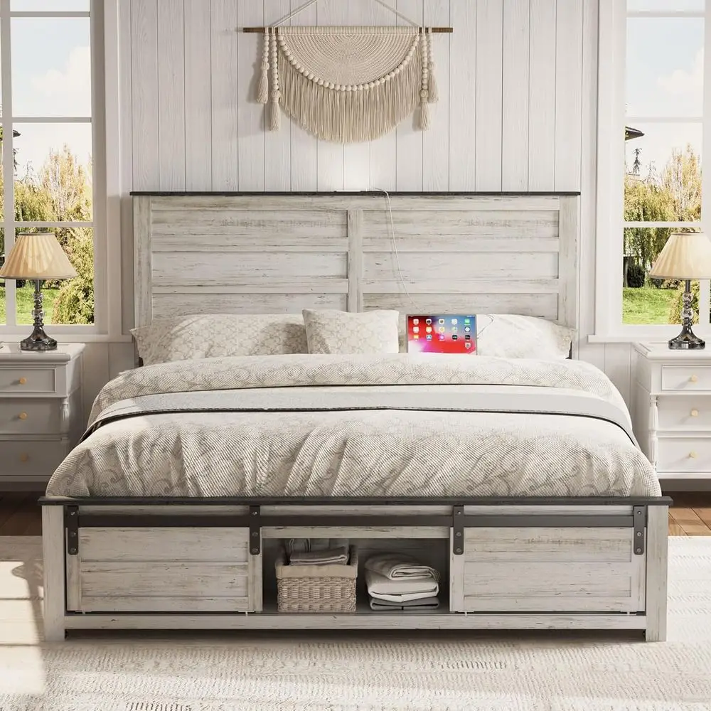 

Деревянная кровать размера «queen-size» с раздвижной дверью для хранения сарая, зарядная станция, коробчатая пружина не требуется (белый в стиле бохо)