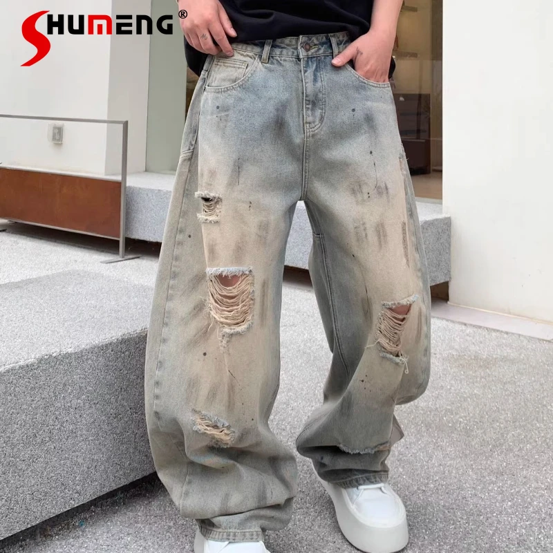 

Модные джинсы с рваными элементами для мужчин, весна 2026: трендовые свободные джинсы в стиле High Street, широкие прямые джинсовые брюки, стильные джинсы-трусы