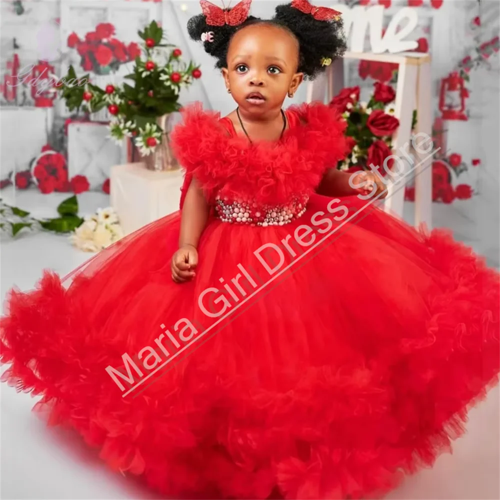 Customized Royal Blue Pearls Flower Girls Dress Weddings Children Birthday Party For Prom With Bow Evening Gown