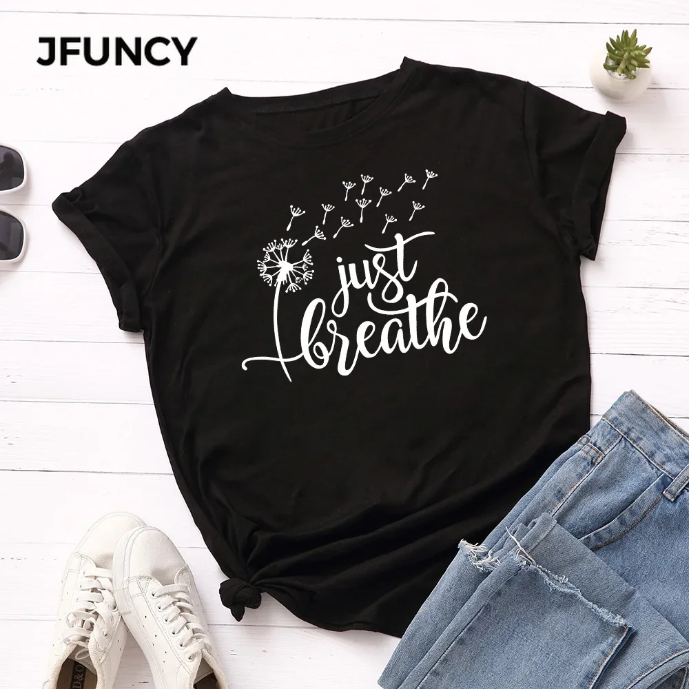 JFUNCY 100% Cotton Summer Tshirt Just Breathe Dandelion Print Women\'s T-Shirt Short Sleeve Female Tee Tops Women T Shirt