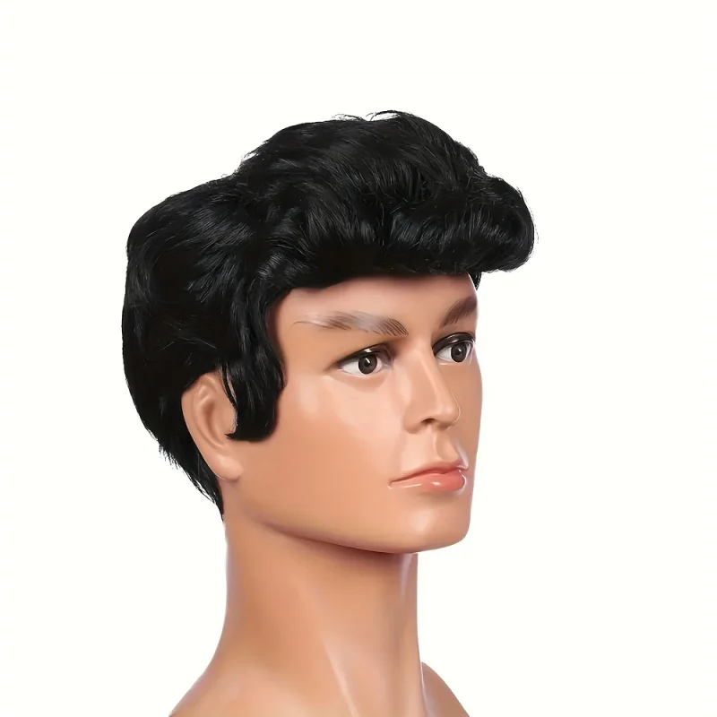 شعر مستعار ديسكو أسود مموج عصري للرجال - باروكات صناعية على شكل كات كينج لشعر مستعار روك ستار 70'S 50'S مثالي للحفلات