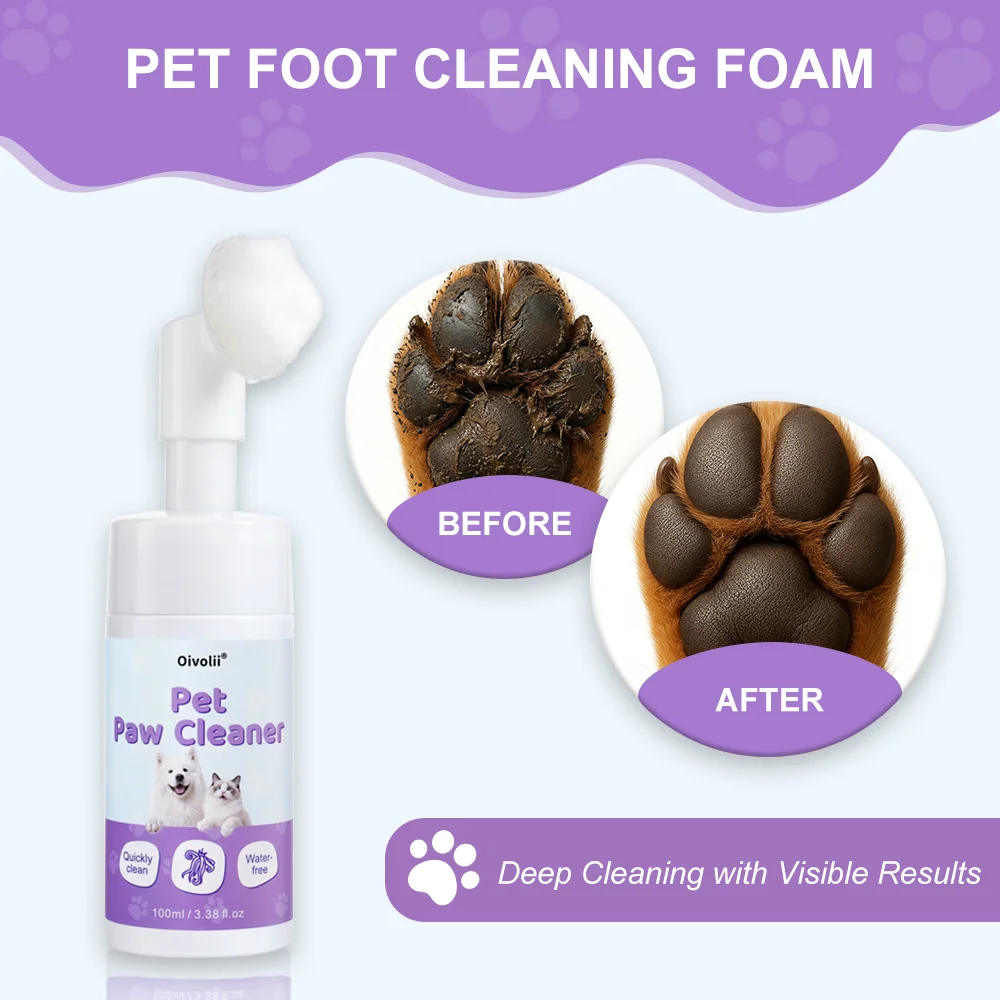Pet Paw Foam Cleaner 100ml Waterless No-Rinse Dogs Cats Built-in Silicone Brush Remove Mud Dirt Deep Clean Paw Care