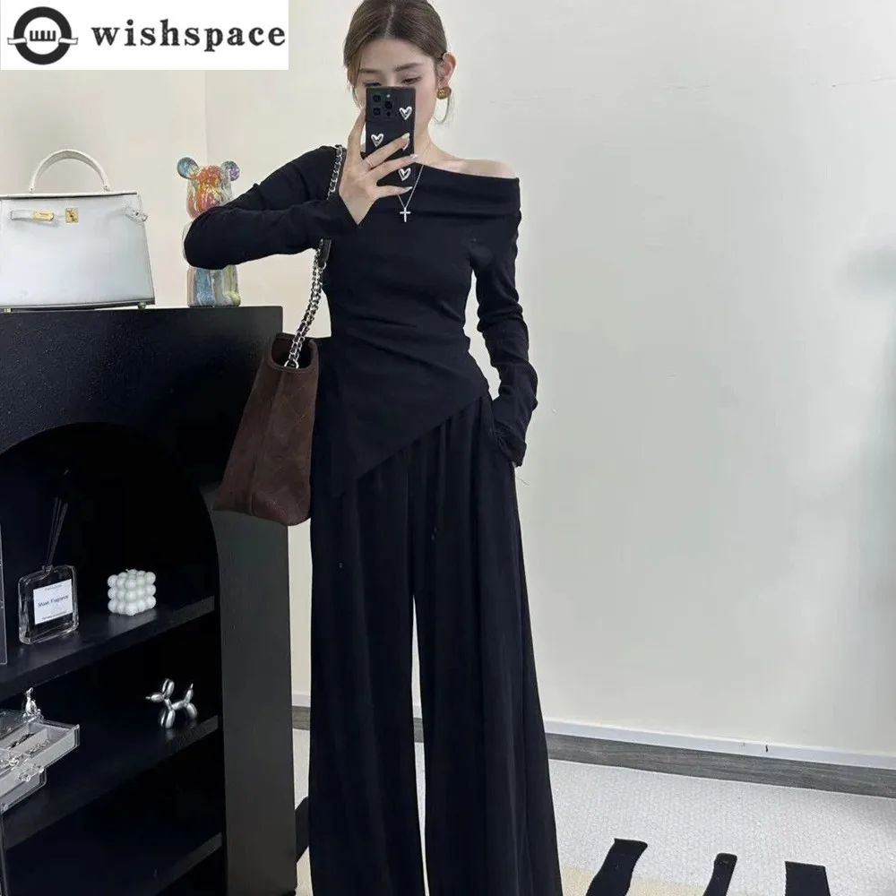 

Fashion Suit for Women in Spring and Autumn Irregular One Shoulder Long Sleeved Top Wide Leg Pants Two-piece Set