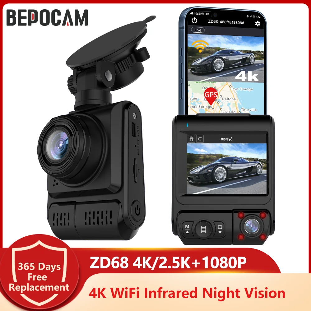 

4K Dual Lens Dash Cam Infrared Night Vision WiFi GPS Front Inside Car DVR 2.5K+1080P Dashcam Vehicle Android Auto Video Recorder