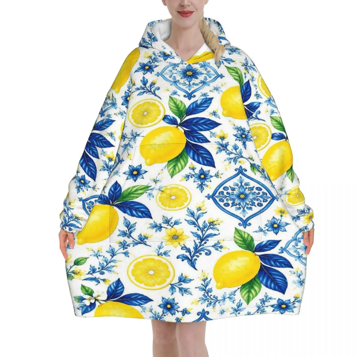 Lemon Sicily Rectangle Wearable Blanket Hoodie for Women Men Oversized Sweatshirt Blanket with Pocket