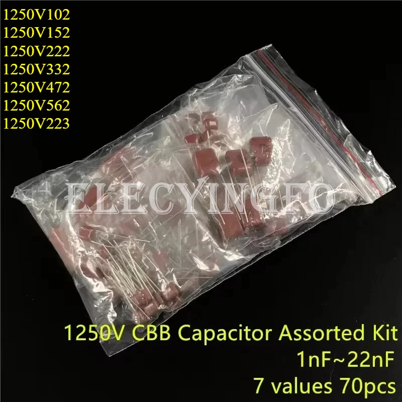 

7 значений * 10 шт. 1250 В 1 нФ ~ 22 нФ (102/152/222/332/472/562/223) Всего = 70 шт. Набор металлопленочных конденсаторов CBB