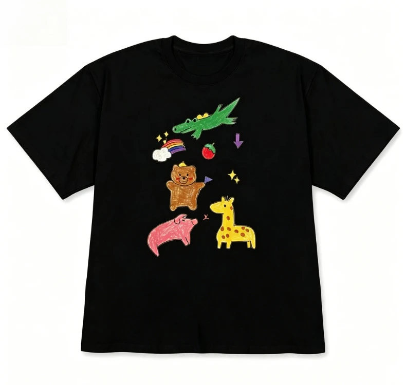 2026 Lady Girl Cute Korean Fashion Crayon Zoo Print T-shirt Versatile Short Sleeve for Women Men Colorful  Animals Crew Neck Tee