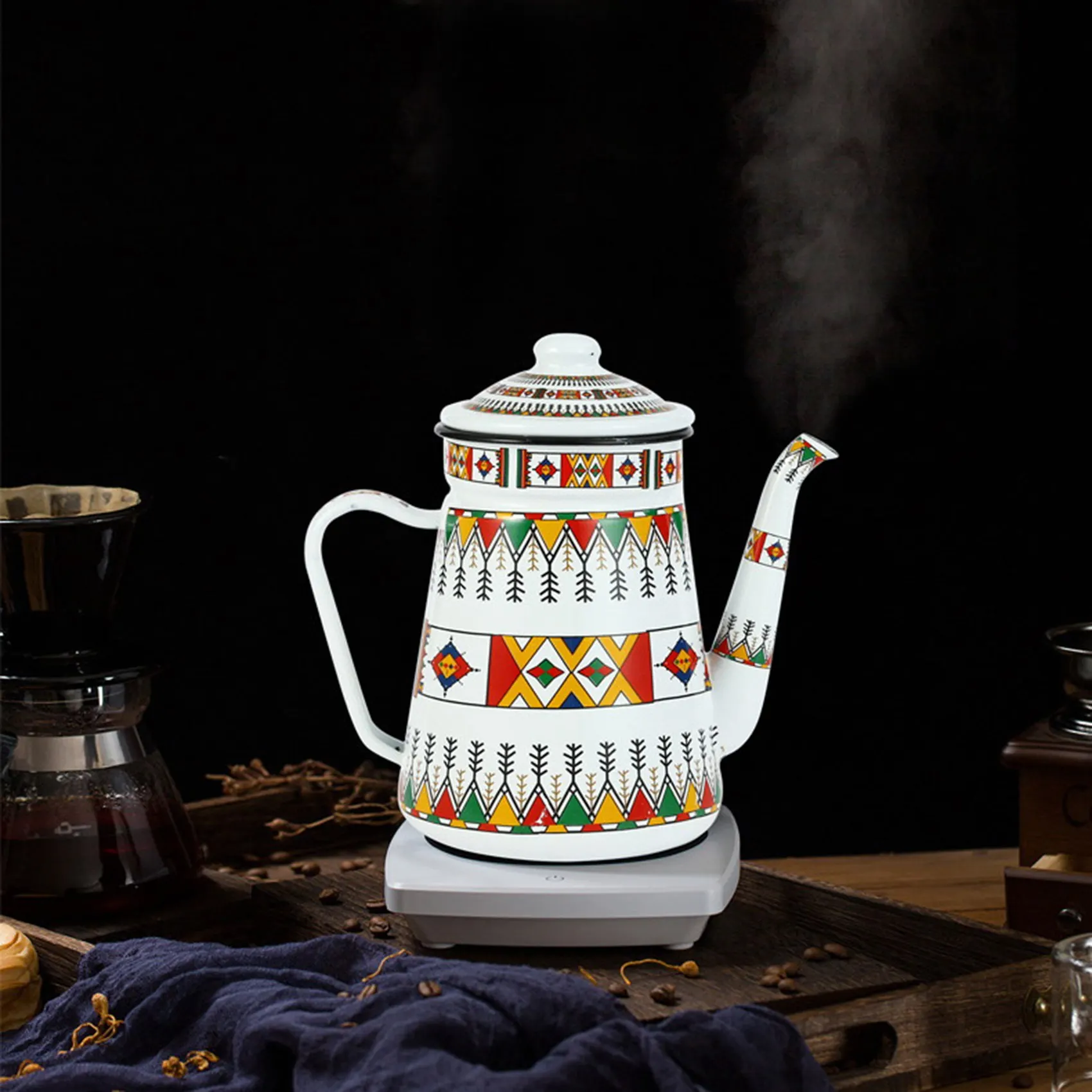 

1.2L Enamel Coffee Pot Pour over Milk Water Jug Pitcher Teapot Kettle for Gas Stove and Induction Cooker A