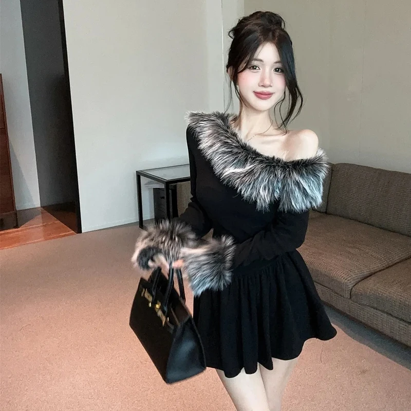 

Sexy Off Shoulder Mini Dress Women Autumn Winter Long Sleeve Hairy Patchwork Dresses Solid Simple Casual Diagonal Collar Dress