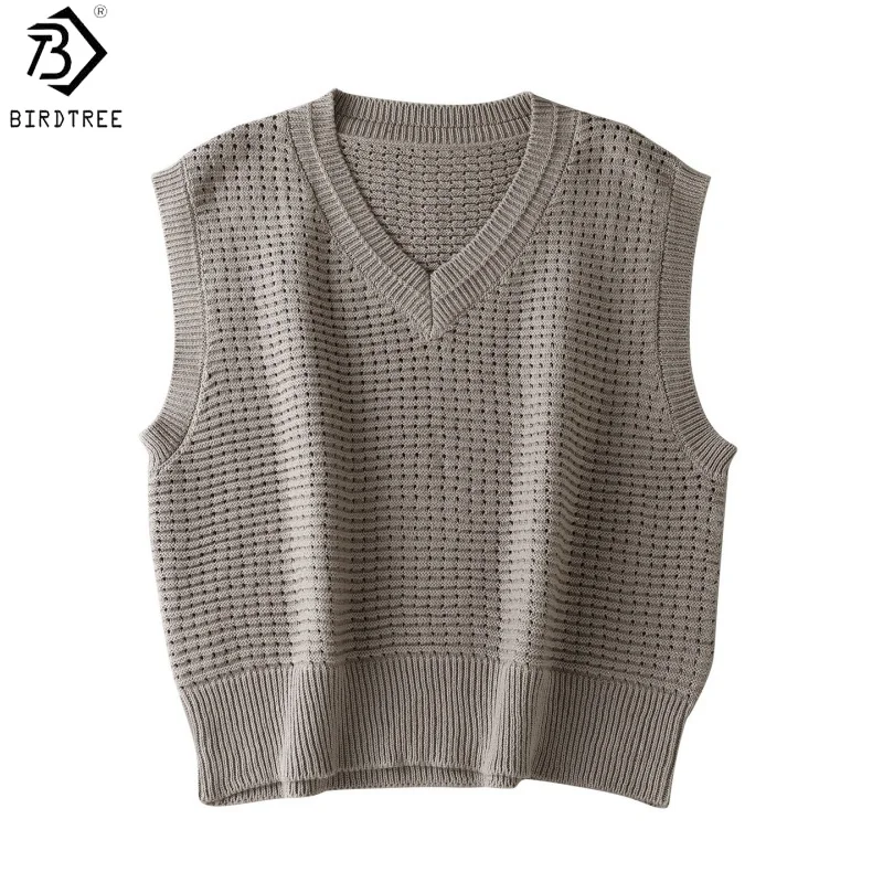 Birdtree, 85% Real Silk 15% Cashmere Soft Sweater, Sleeveless Autumn Vest, V-neck, Women's Loose Knitted 2026 Tops T6O417JF