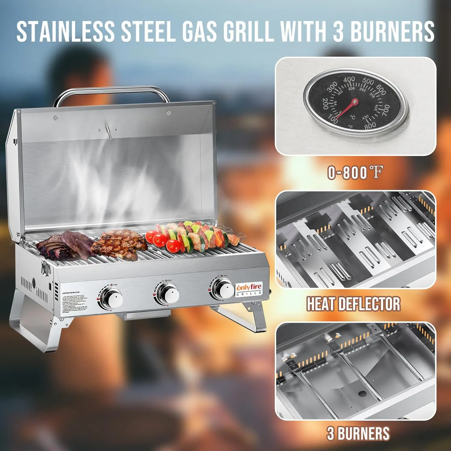 Tabletop Gas Grill 3 Burners,24" Stainless Steel Portable Propane Grill with Foldable Legs RV Trip, Heavy Duty & 24000BTU, GS307