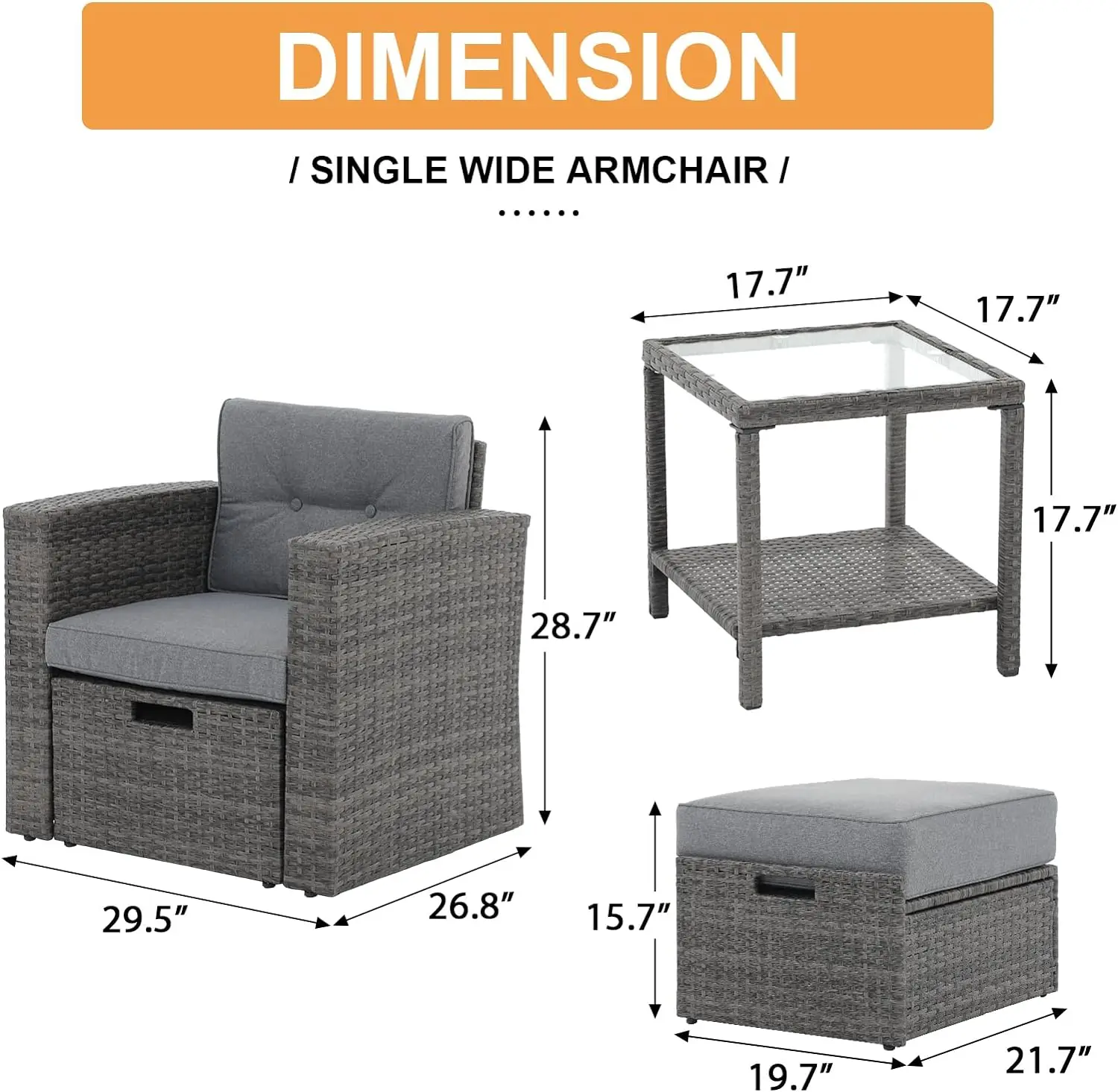 5PCS Patio Conversation Set, Rattan Outdoor Couch w/ Ottoman, Outdoor Sofa Set w/ Tempered Glass Side Table for Poolside Garden