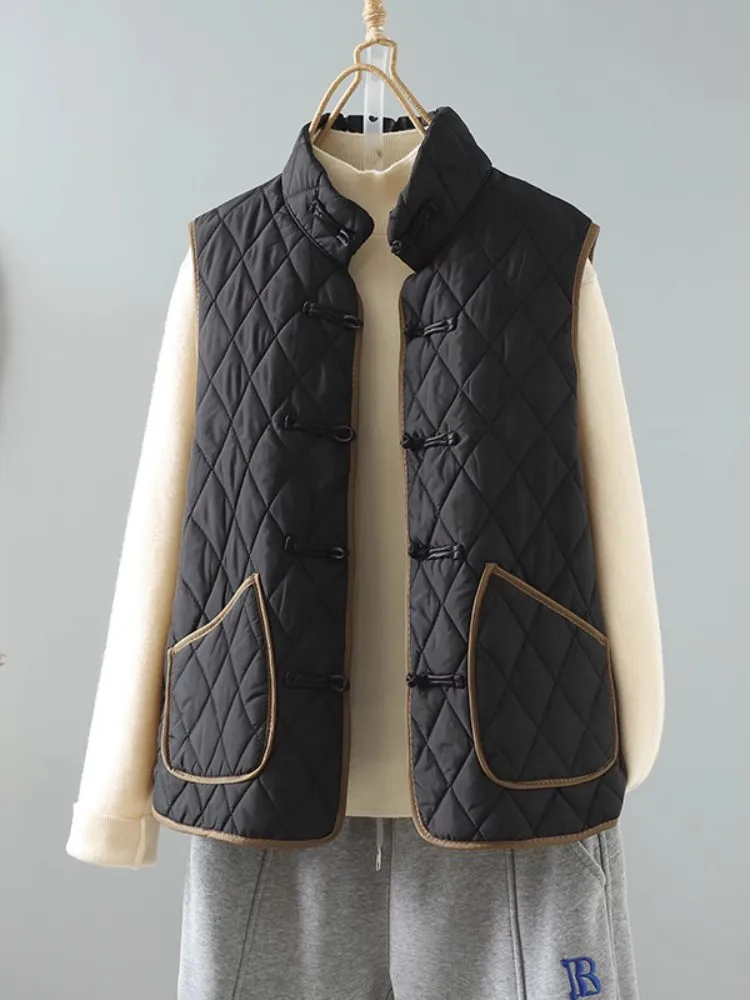 Chinese Style Buttons Women Cotton-padded Waistcoat 2024 New Winter Vintage Plaid Female Stand Collar Quilted Vest Jackets