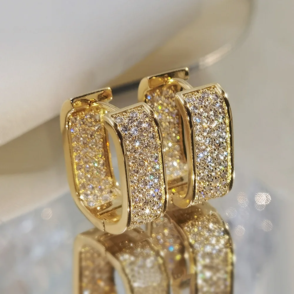 Luxury Full of Zircon Shiny Geometric Square Hoop Earrings for Women Temperament Gold Color Stainless Steel Korea Jewelry Gift