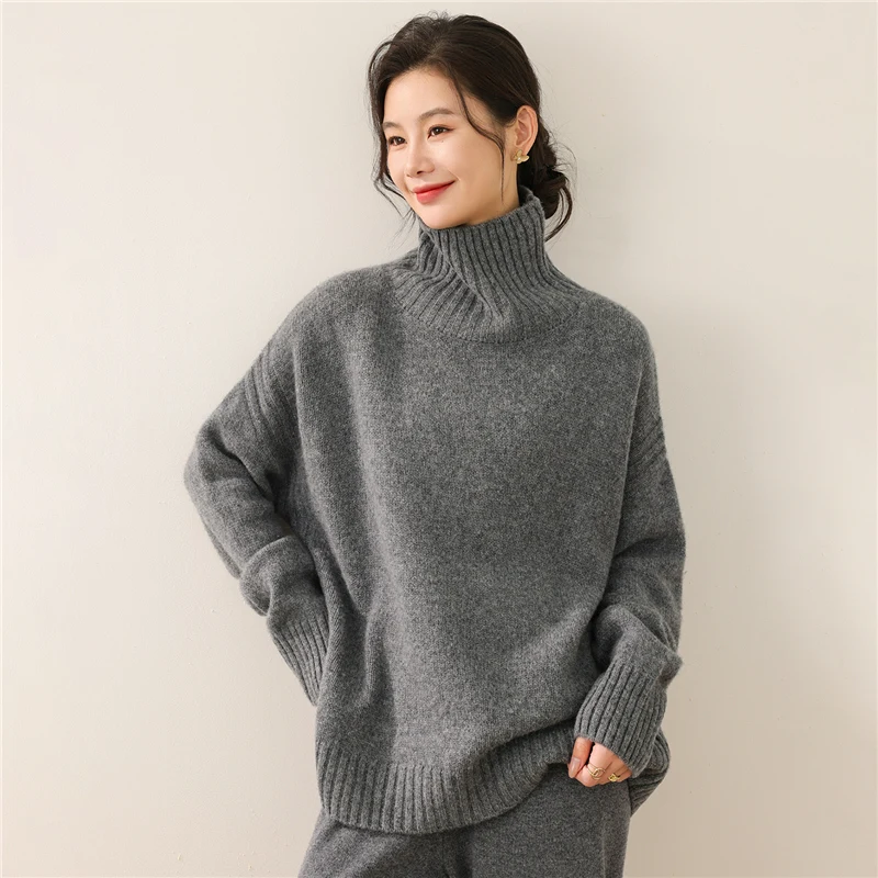 

2025 New Women's Heavyweight Turtle Neck Sweater 100% Merino Wool Warm Pullover Long Sleeve Loose-Fit Minimalist Smart