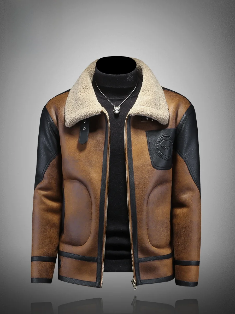 

Vm High-End Men's Biker ort Coat Thiened Faux Leather Jaet with Stand Collar And Warm Fce for Casual Wear