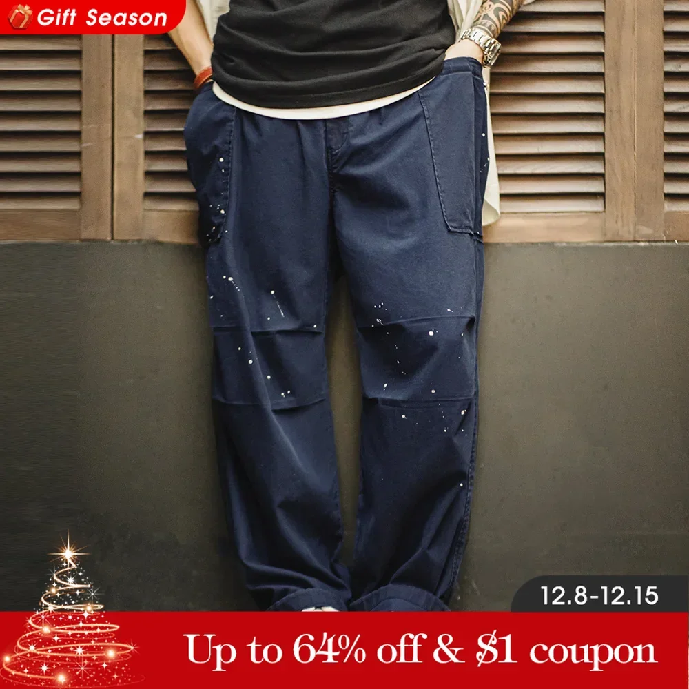 Maden Solid Color Splashed Parachute Pants Oversized Loose Straight Tube Wrinkled Casual Pants for Men Fall and Winter Trousers