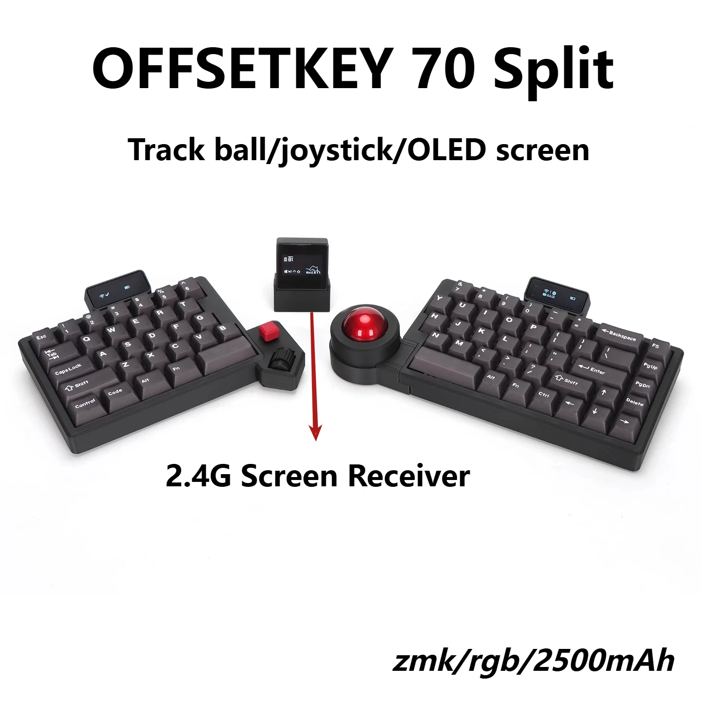 Offsetkey 70 لوحة مفاتيح مقسمة لكرة التتبع اللاسلكية مع عصا التحكم الدوارة وحدة شاشة OLED ZMK البرامج الثابتة بلوتوث كرة المفاتيح ثنائية الوضع