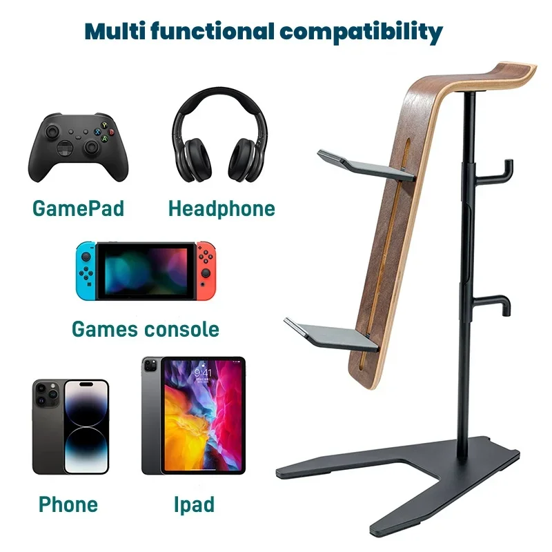 حامل سماعة الرأس Airpods Max متعدد الاستخدامات، حامل تخزين وحدة التحكم في الألعاب ثنائي الاستخدام من الخشب الصلب مع خطاف سماعة الألعاب من الألومنيوم