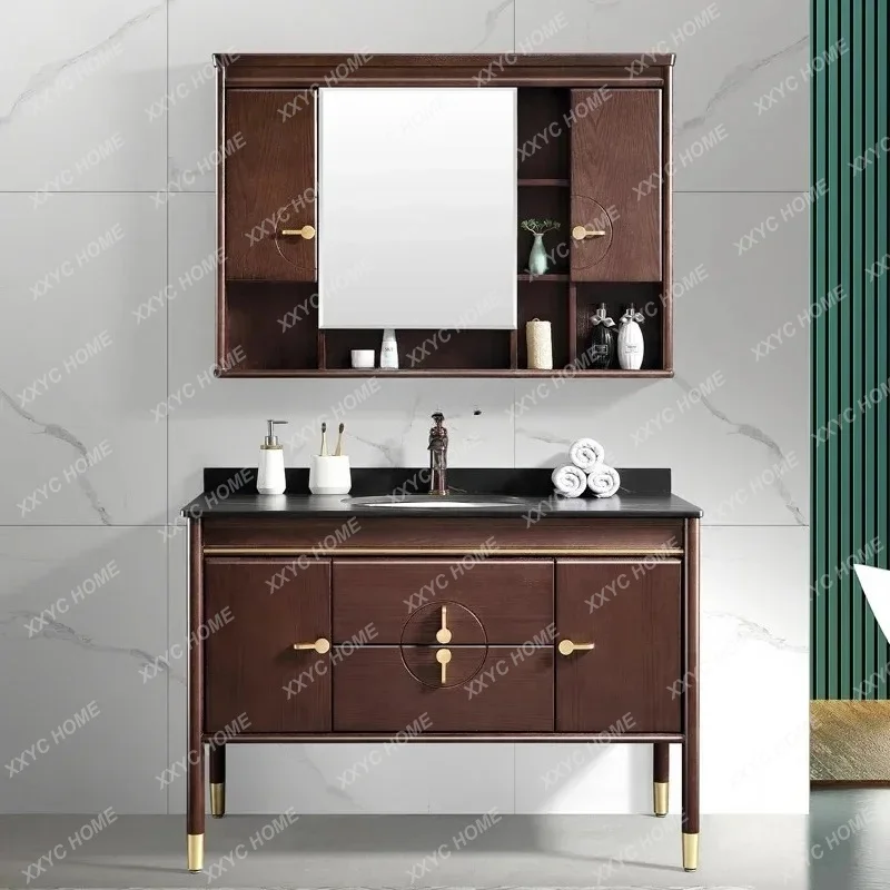 A New Chinese Style Bathroom Cabinet Red Oak Hand Washing Washbasin Cabinet Combination Stone Plate Table Mirror Cabinet