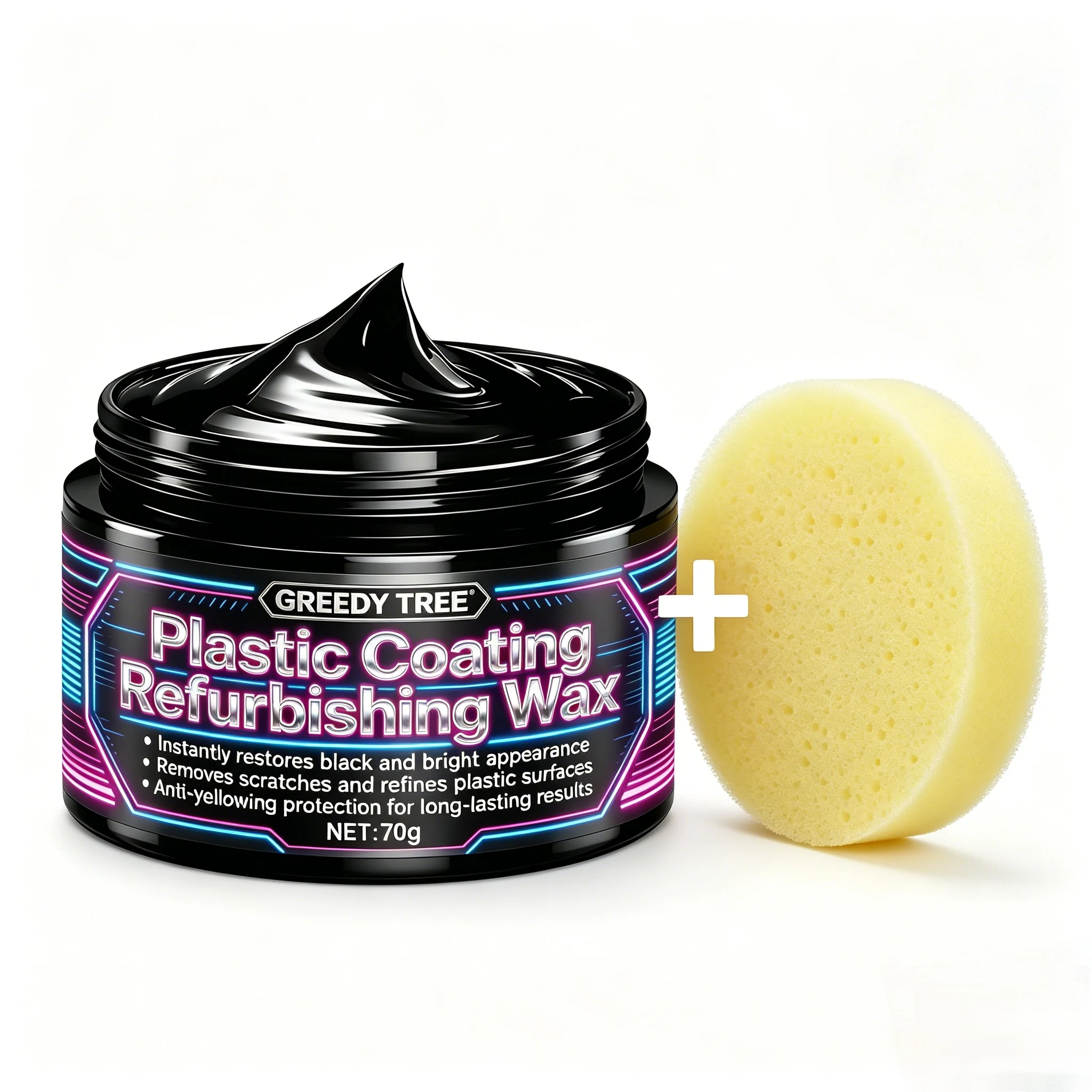 70g Car Plastic Coating Refurbishing Wax With Sponge, Auto Plastic Rubber Restorer Back To Black, Remove Scratches Anti-Yellowin