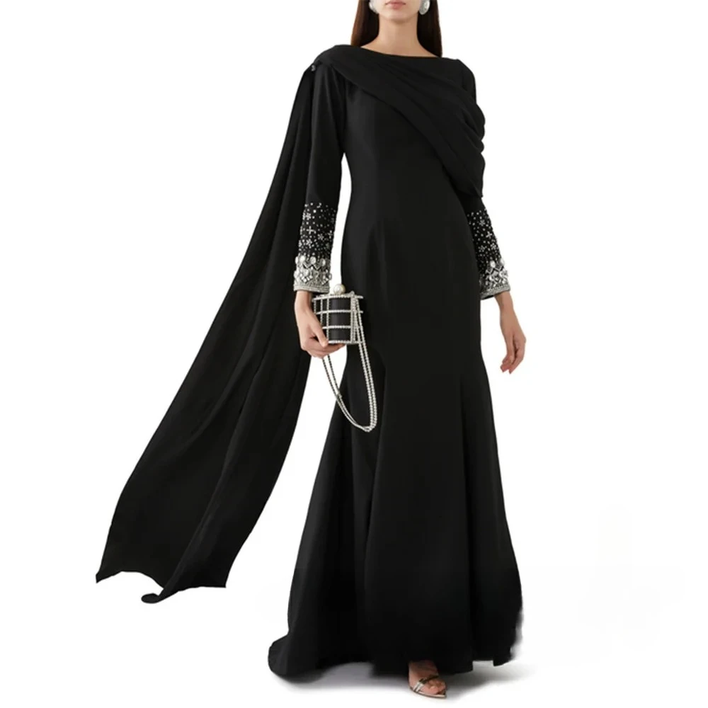 فستان سهرة جيرسي أسود مع كيب حورية البحر فستان حفلة كريستال ستون كم طويل طول الأرض فساتين الحفلات الرسمية حسب الطلب