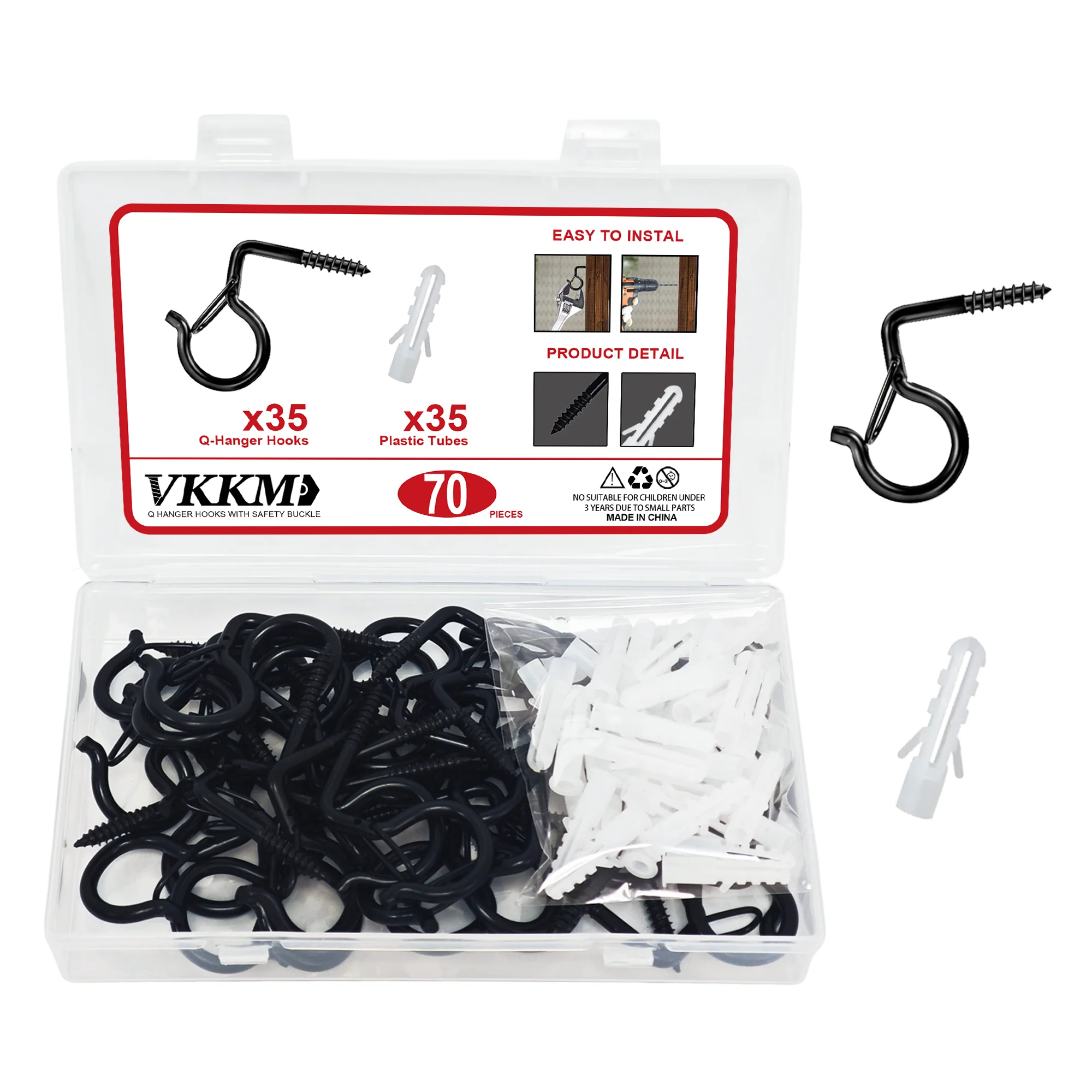 VKKM Q Hanger Hooks with Safety Buckle 20-70 Piece Set, Easy Installation for Secure Hanging