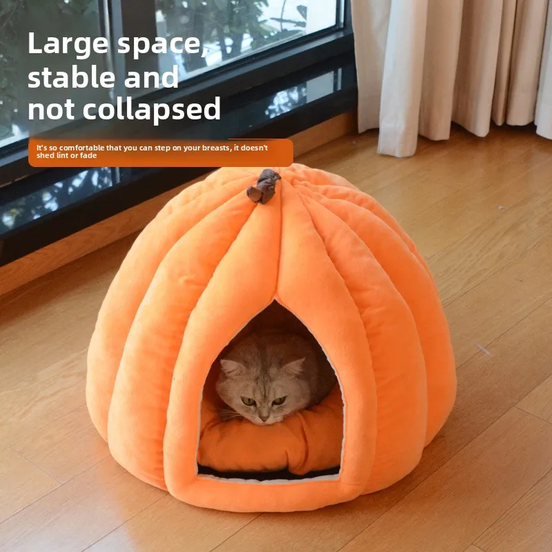 

Pumpkin Cat House Enclosed Warm Pet Bed for Cats All Seasons Use Cozy Cat Condo