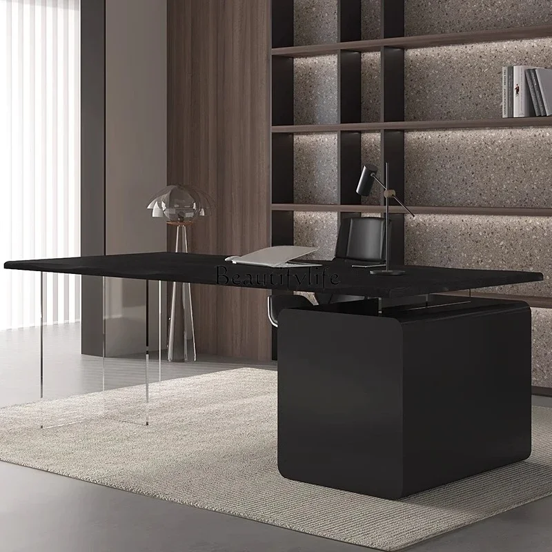 

09Light Luxury Minimalist Solid Wood Office Desk Modern Log Large Board Table Black Workbench