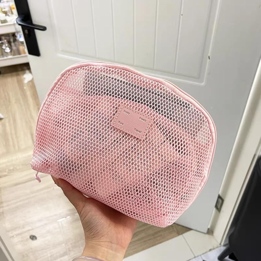Borsa per trucco a rete a semicerchio con cerniera Borsa per cosmetici trasparente leggera Borsa per il lavaggio Borsa per rossetto Borsa da toilette per riporre i viaggi