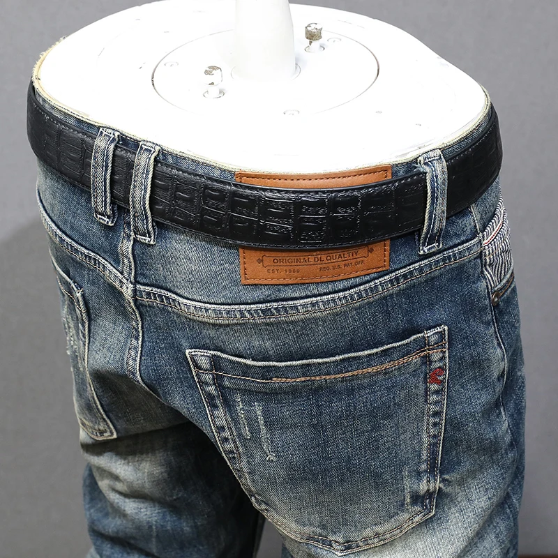 Italian Style Fashion Men Jeans High Quality Retro Washed Blue Stretch Slim Fit Ripped Jeans Men Vintage Designer Denim Pants