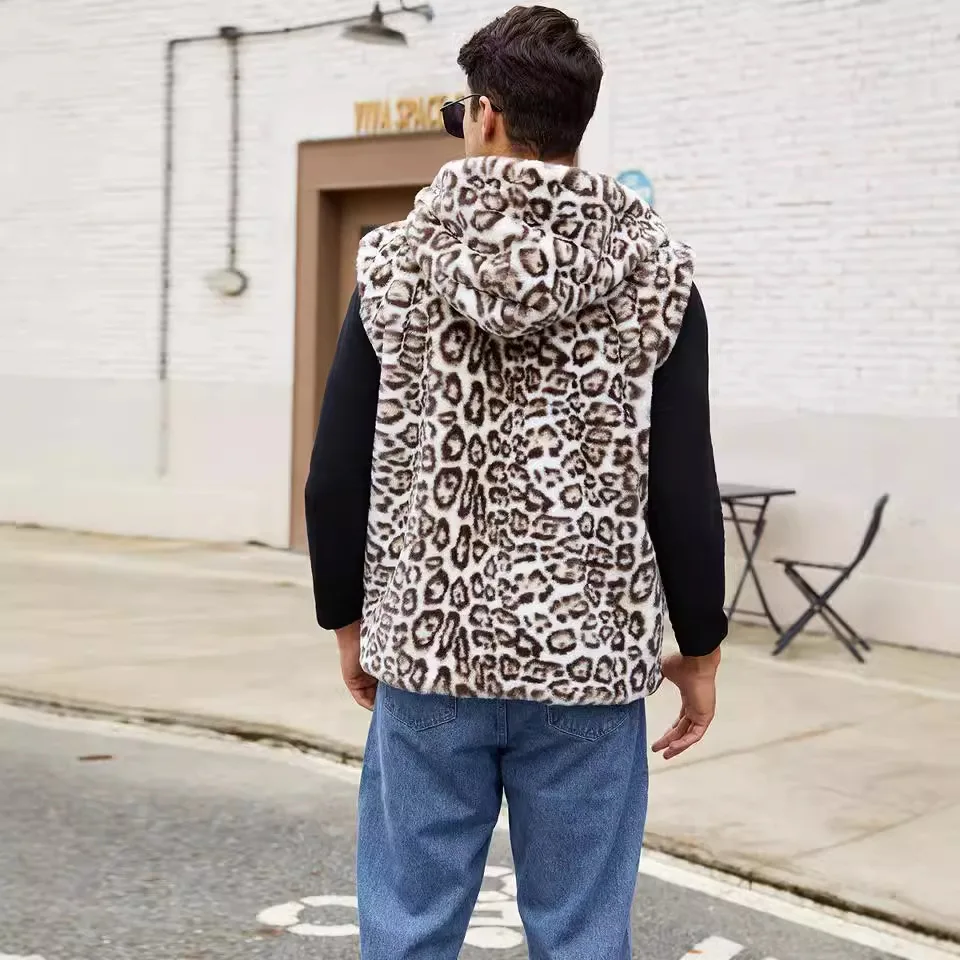 Winter New Fashion American European Men's Leopard Casual Trendy Sleeveless Hooded Faux Fur Vests Male 2025 Clothes Coats Tops
