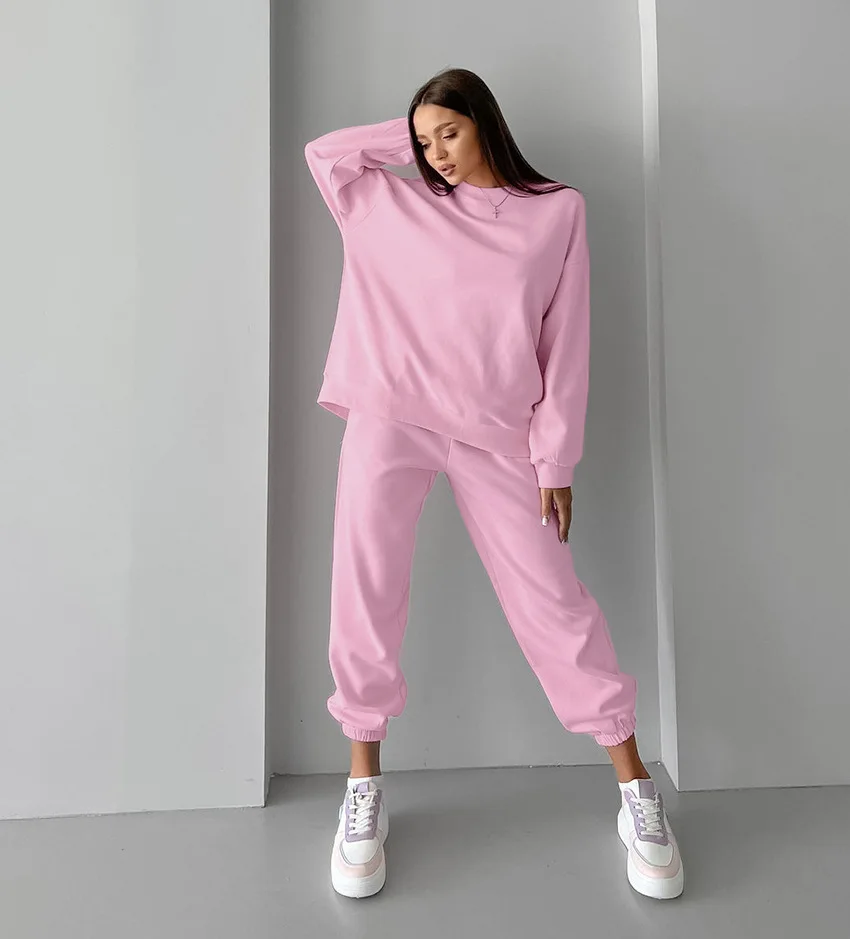 

Lazy Style Fleece-lined Round-neck Pullover Long Sleeve Sweatshirt Tops Autumn Winter European Sports Loose Long Pants Casual 2-