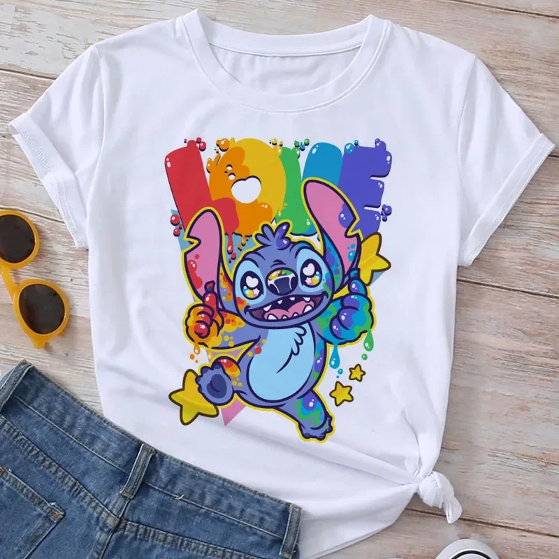 Disney Lilo Stitch Cute Round Neck Women's T-shirt Kawaii Short-sleeved Summer Streetwear Harajuku Y2k Cotton Plus Size Tops